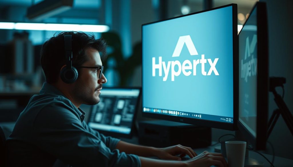 person working on a computer with hypertxt logo